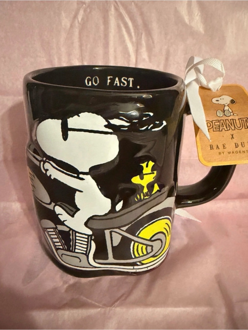 Peanuts Black and Yellow Snoopy 'Go Fast' Motorcycle Mug - Rae Dunn Style